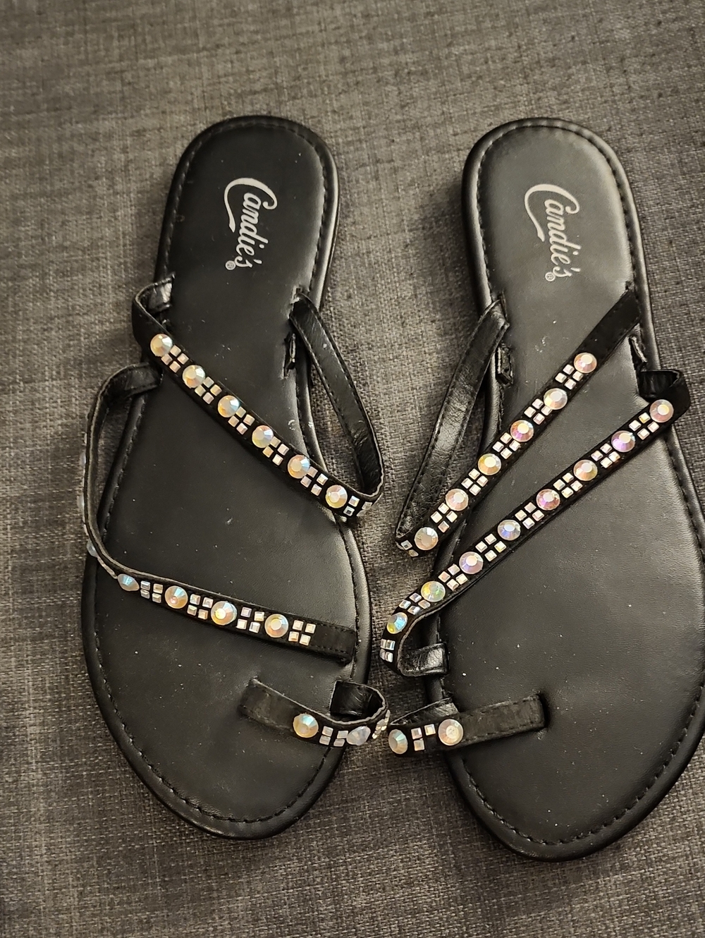 Candie's Black T-Strap Jeweled Women's Sandals